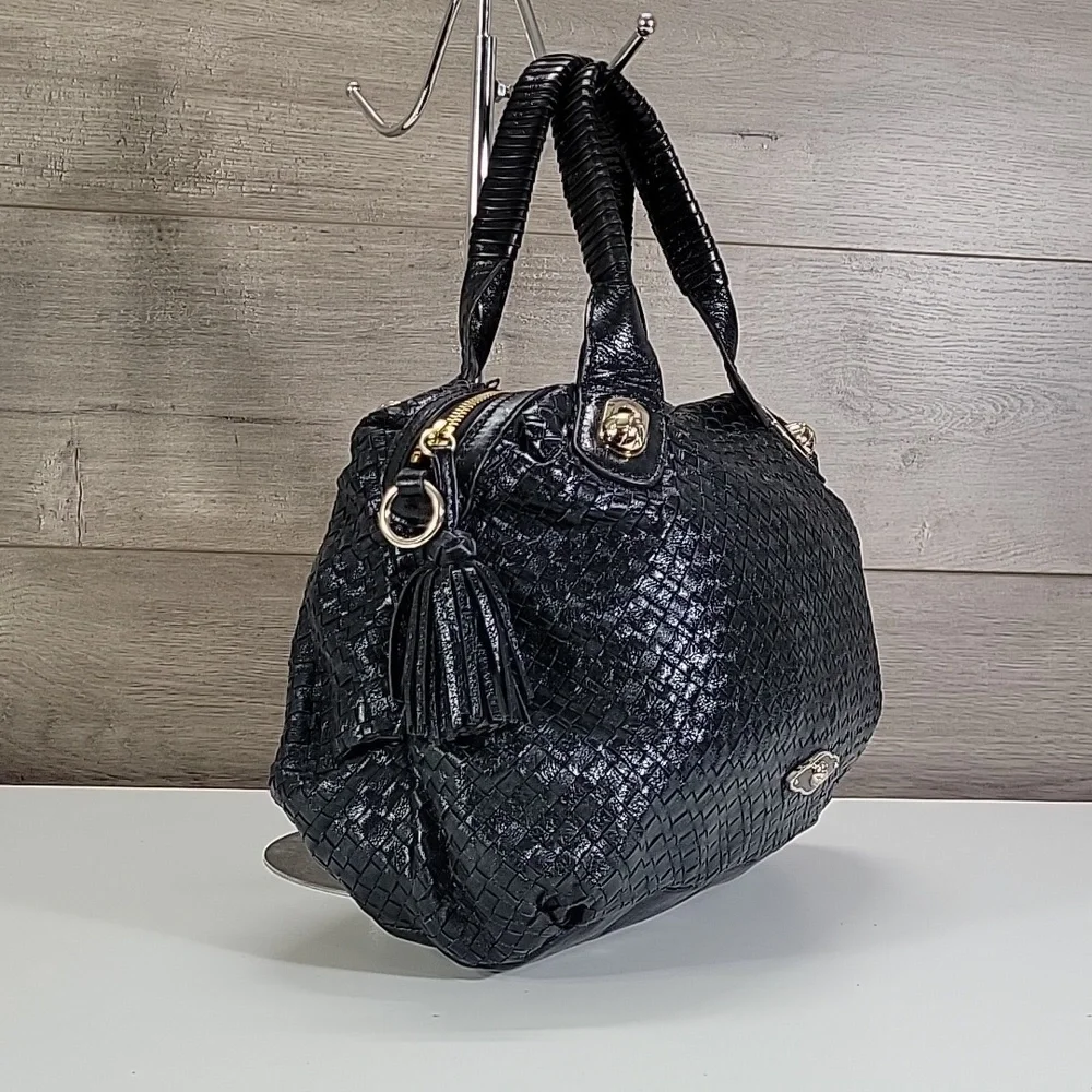 Elliott Lucca Black Woven Leather Satchel Handbag